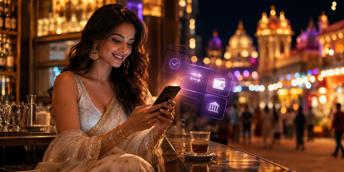 Lady playing slots on mobile phone using 323d platform in a scenic Indian location