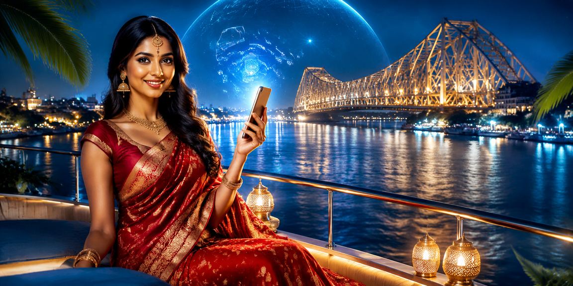 Player enjoying Rummy on 323d mobile platform in traditional attire at Kolkata